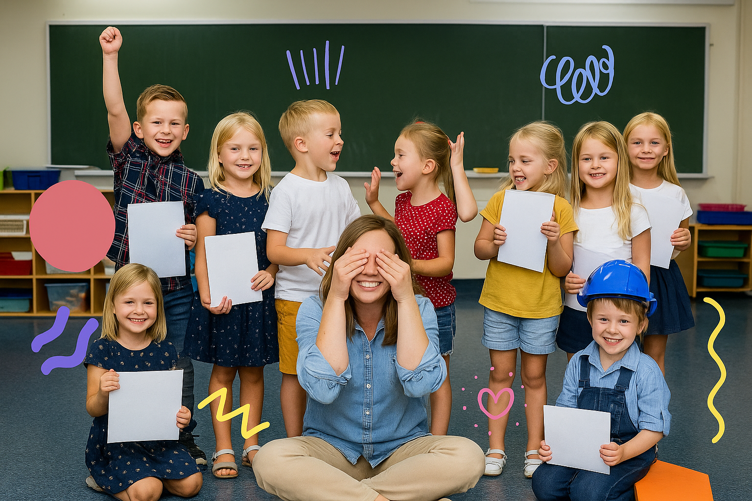 Playful classroom scene with children and teacher