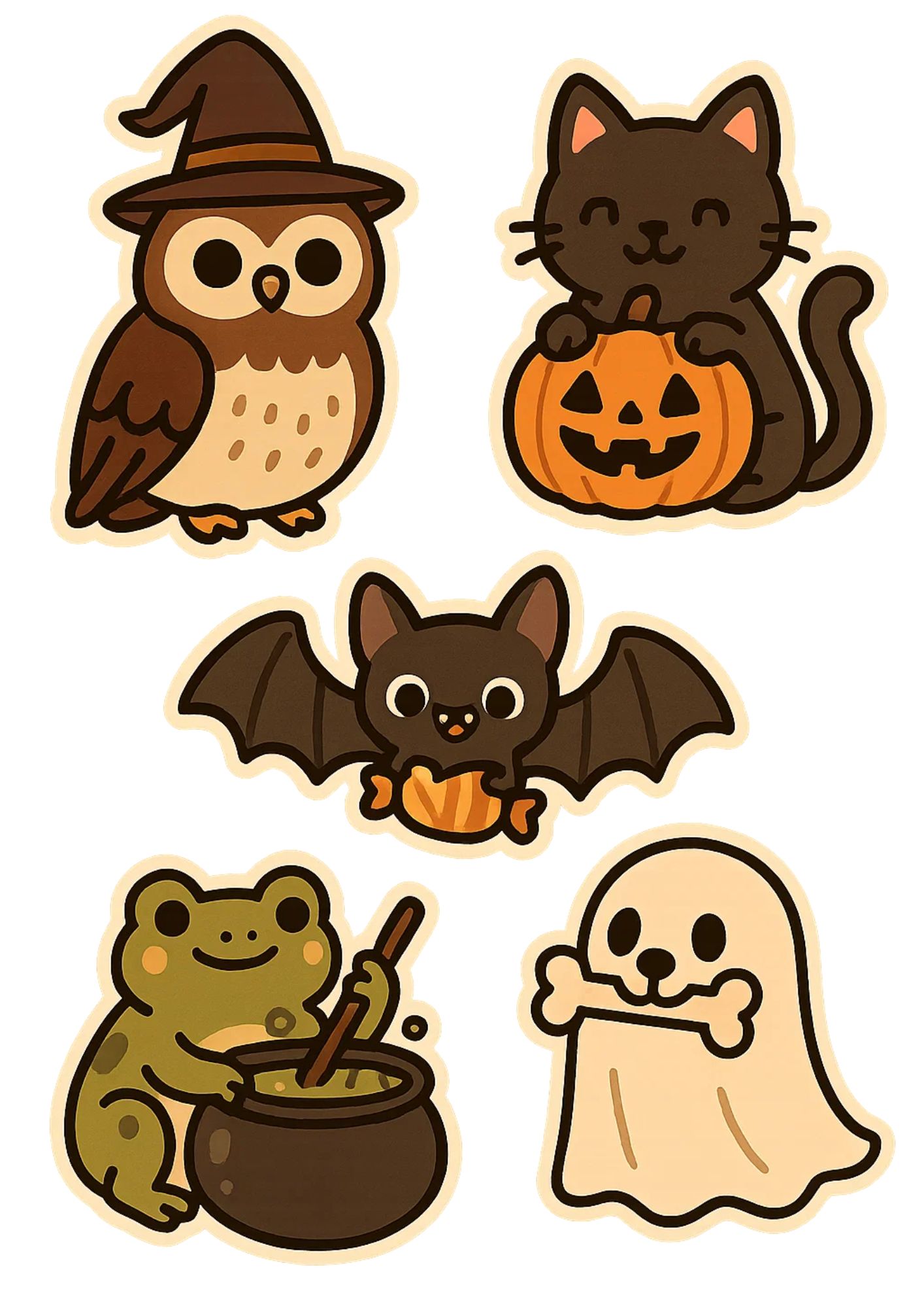 cute-halloween-papercraft-cutouts-for-diy-decorations-cute-halloween-animal-stickers-kawaii-owl-bat-cat-frog-ghost-printable